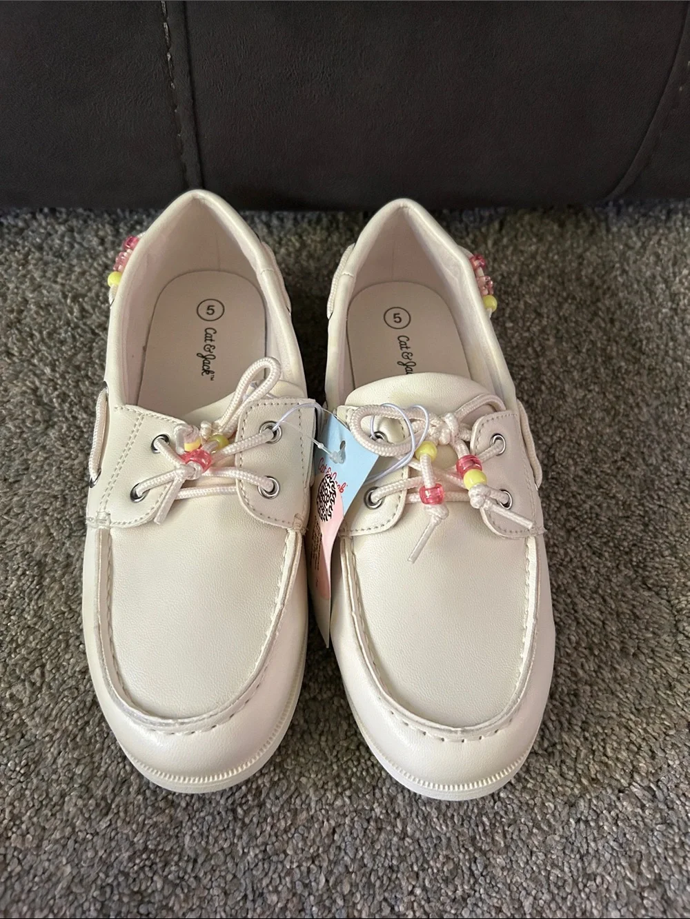Cat & Jack Cream Boat Shoes with Pink and Yellow Beads